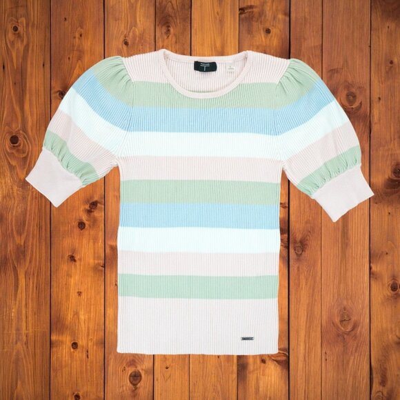 Tahari Pastel Sweater Women's Striped Colorful with Bubble Cuff Sleeves Sz Small - Picture 1 of 3